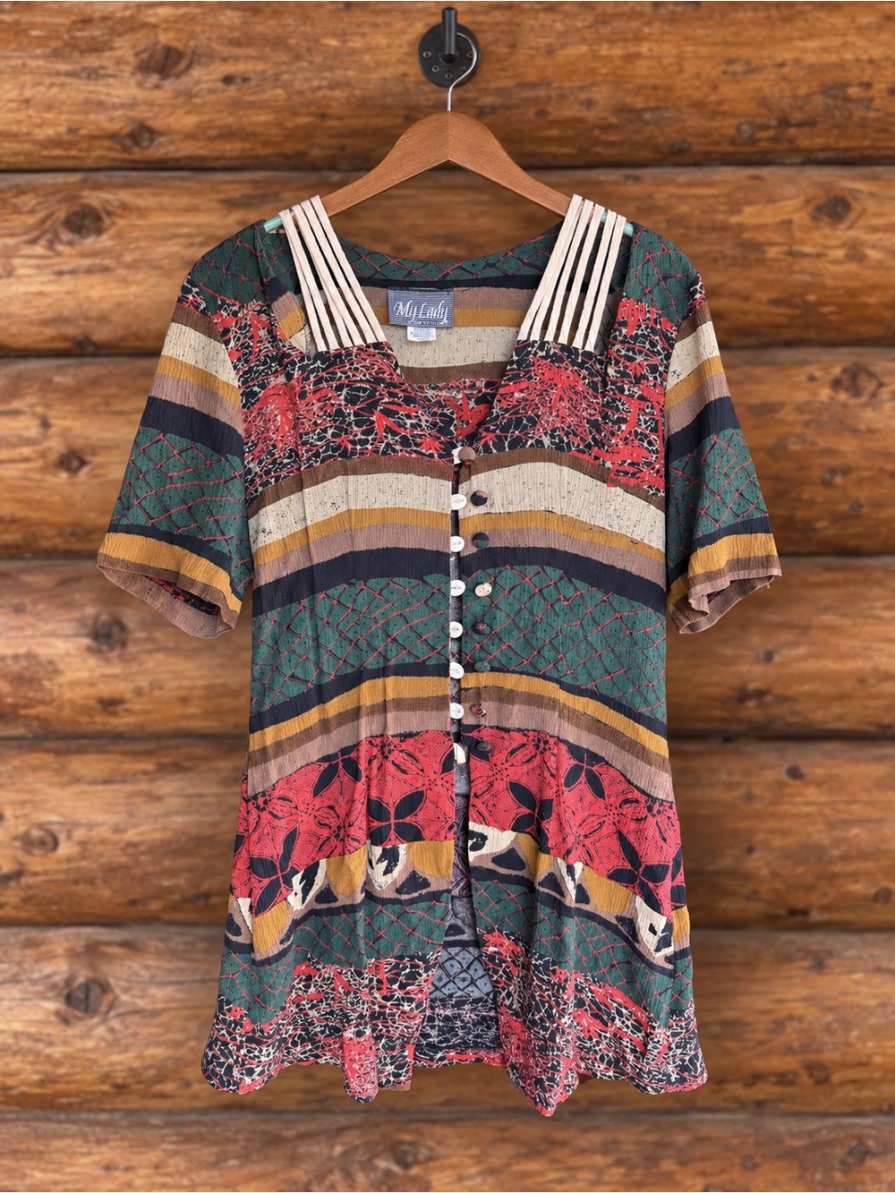 My Lady Made in USA Multicolor Abstract Strappy Button Front Tunic Top